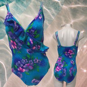 bright teal blue and pink watercolor floral ruffle